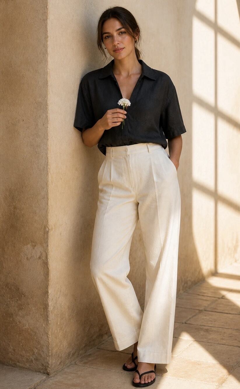 Pure Jill Linen Blend Popover Breezy, Split Shirt 3/4 Sleeves Black Size LP